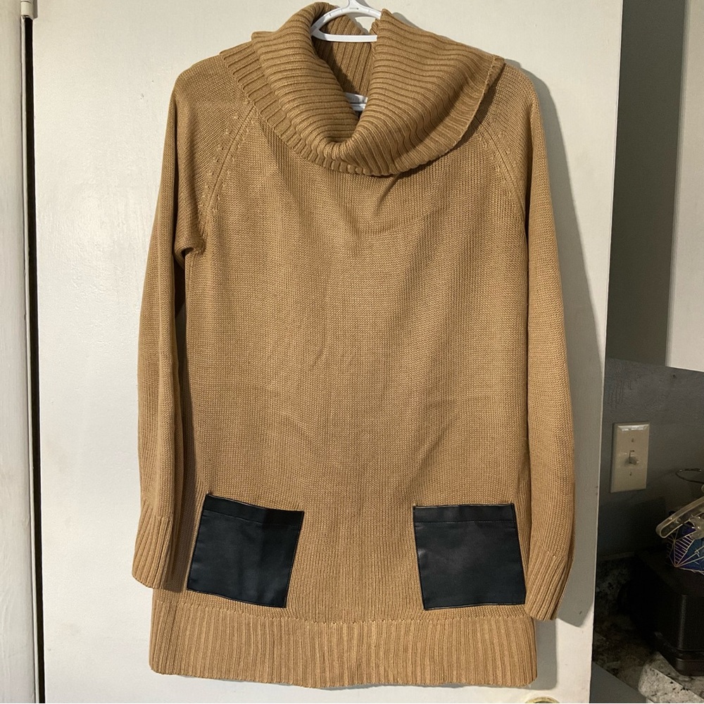 New York & Company Camel Cowl Neck Sweater Tunic with Black Pocket Details